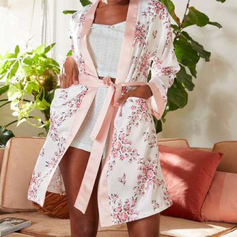 MORGAN LANE White Pink Floral Robe Lightweight Tie Front Size S/M